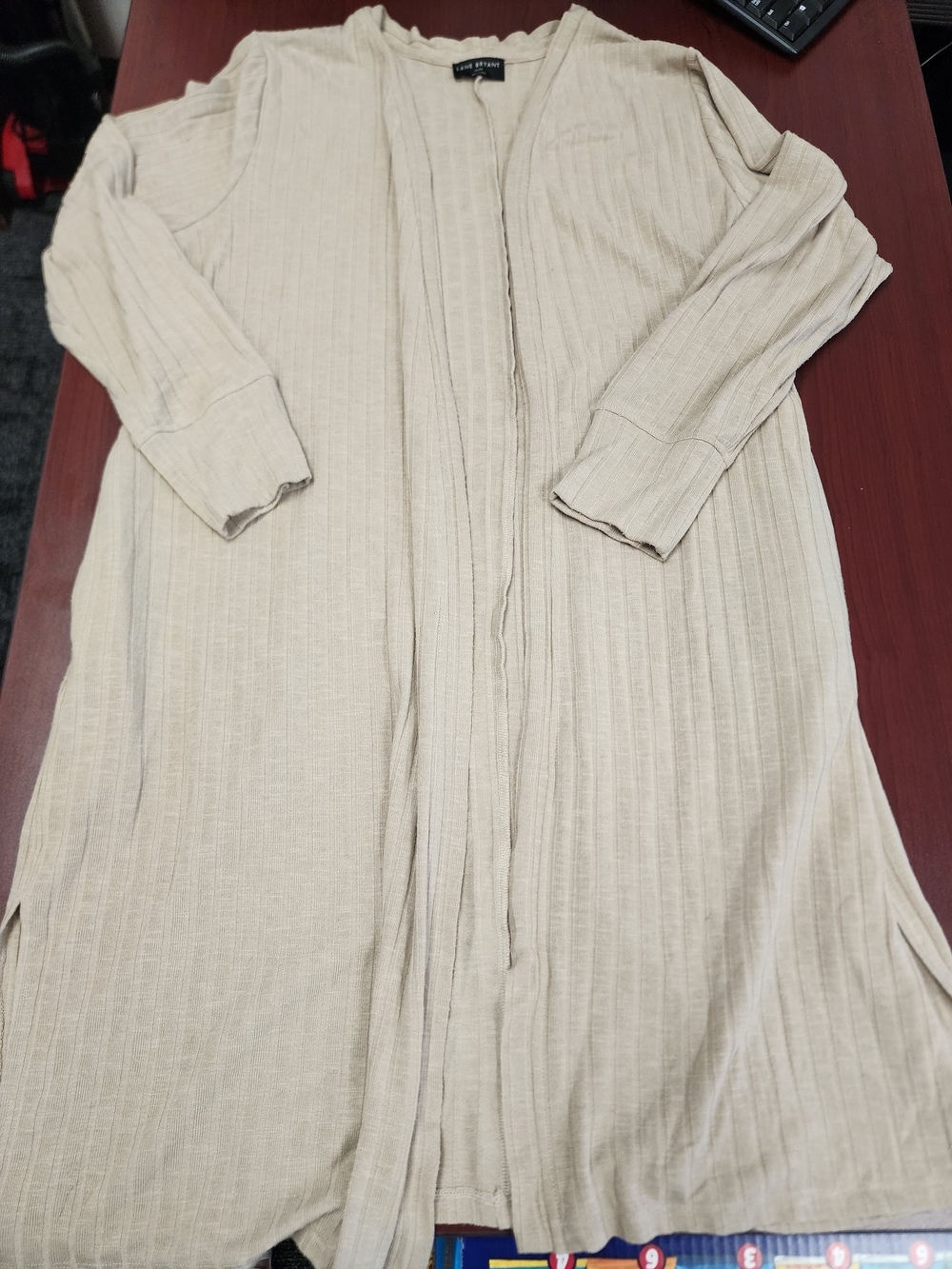 2Pc Lane Bryant Long Open-Front Ribbed Cardigan in Light Beige And Matching Top
